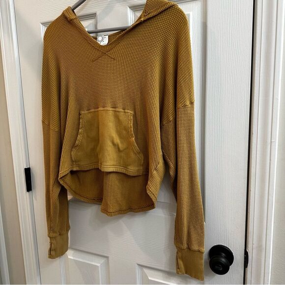 Offline By Aerie Waffle Knit Hoodie Mustard Yellow Size XSmall - Picture 2 of 9